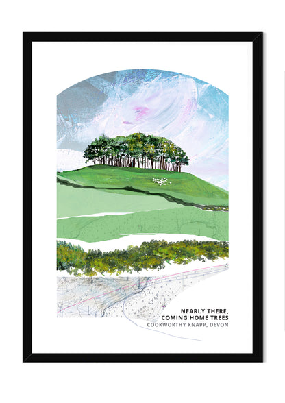 Nearly There Trees art print by Vicki Shortt, Greens colourway, the beech clump at Cookworthy Knapp beside the A30 in Devon, in a black frame