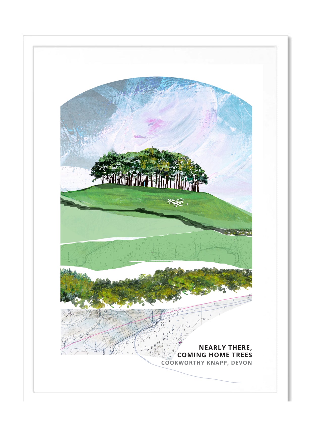 Nearly There Trees art print by Vicki Shortt, Greens colourway, the beech clump at Cookworthy Knapp beside the A30 in Devon, in a white frame