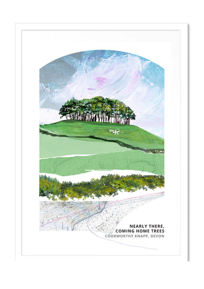 Nearly There Trees art print by Vicki Shortt, Greens colourway, the beech clump at Cookworthy Knapp beside the A30 in Devon, in a white frame