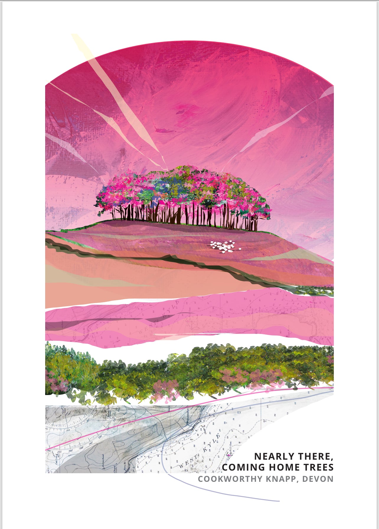 Nearly There Trees art print by Vicki Shortt, Pinks colourway, the beech clump at Cookworthy Knapp beside the A30 in Devon, shown as a flat print