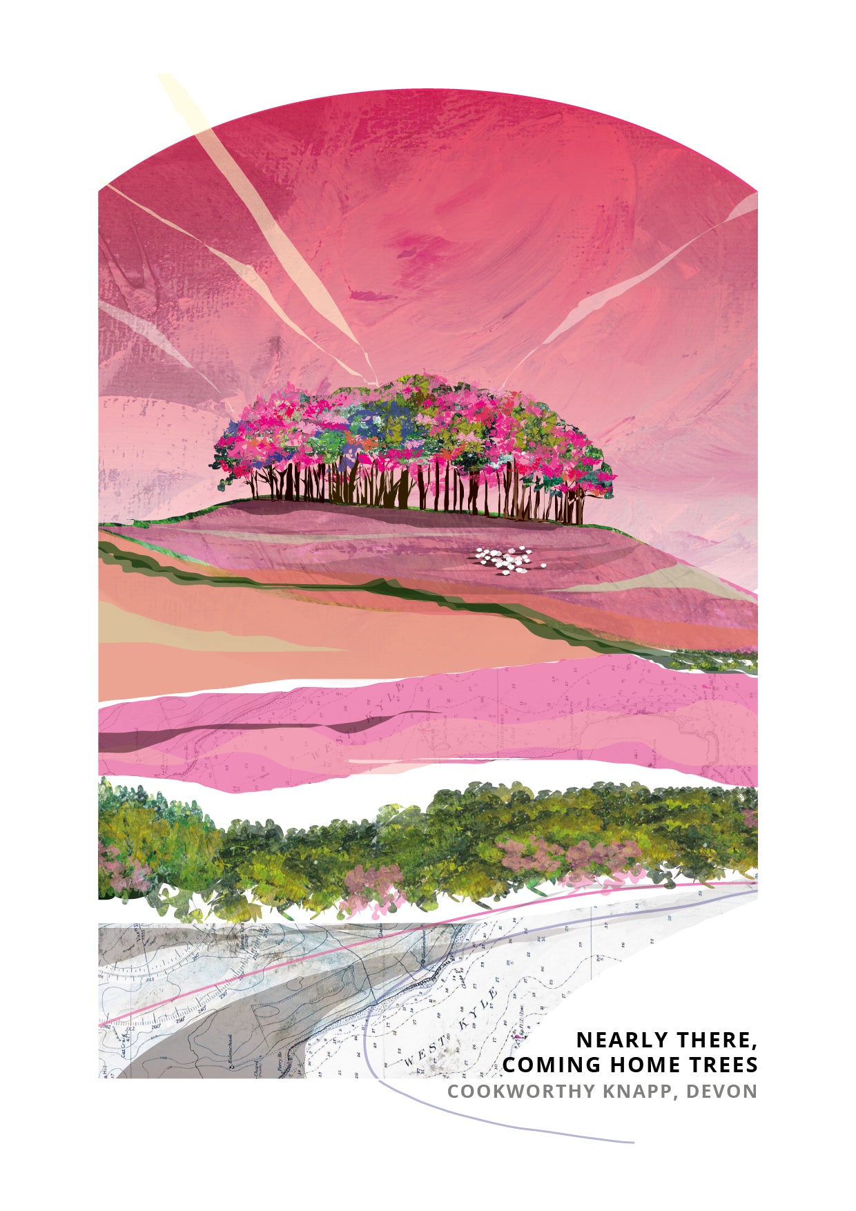 Nearly There Trees art print by Vicki Shortt, Pinks colourway, the beech clump at Cookworthy Knapp beside the A30 in Devon