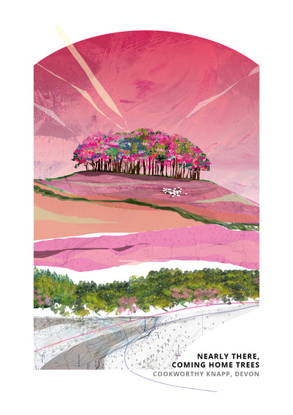 Nearly There Trees art print by Vicki Shortt, Pinks colourway, the beech clump at Cookworthy Knapp beside the A30 in Devon