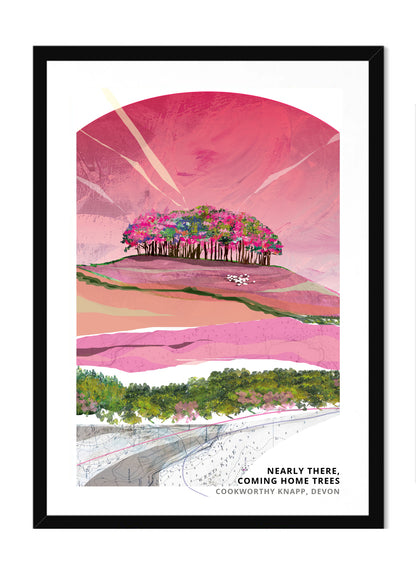 Nearly There Trees art print by Vicki Shortt, Pinks colourway, the beech clump at Cookworthy Knapp beside the A30 in Devon, in a black frame