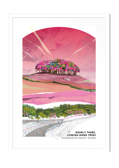 Nearly There Trees art print by Vicki Shortt, Pinks colourway, the beech clump at Cookworthy Knapp beside the A30 in Devon, in a white frame