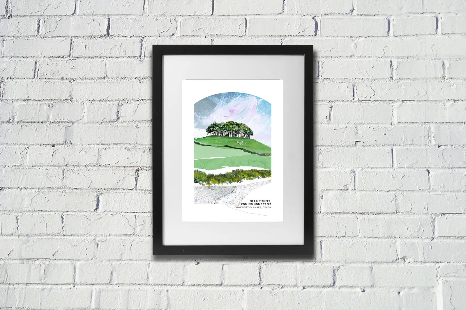 Nearly There Trees art print by Vicki Shortt, the beech clump at Cookworthy Knapp beside the A30 in Devon, framed in a room setting