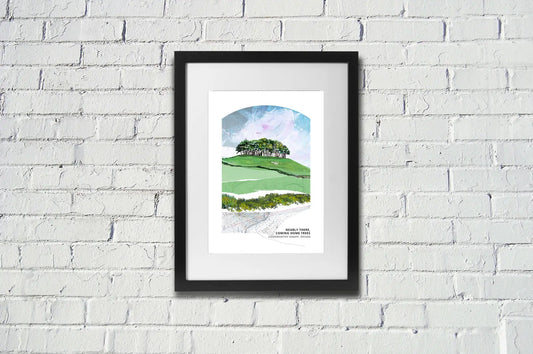 Nearly There Trees art print by Vicki Shortt, the beech clump at Cookworthy Knapp beside the A30 in Devon, framed in a room setting