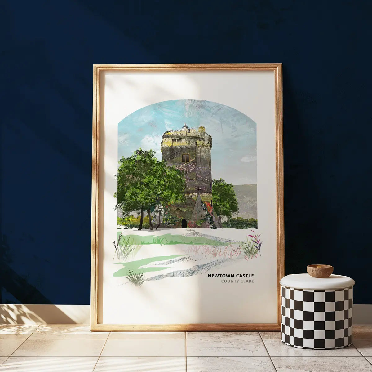 Newtown Castle Ireland, art print by Vicki Shortt, the round tower house in the Burren, County Clare, Ireland, framed in a room setting