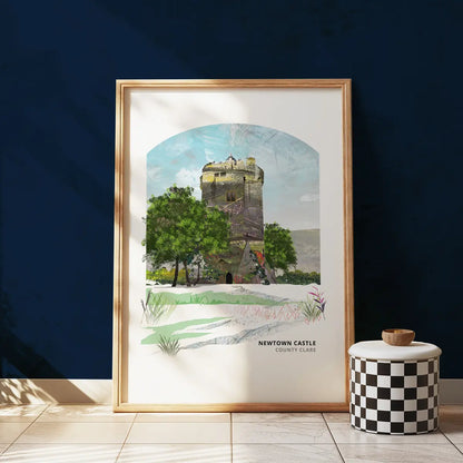 Newtown Castle Ireland, art print by Vicki Shortt, the round tower house in the Burren, County Clare, Ireland, framed in a room setting