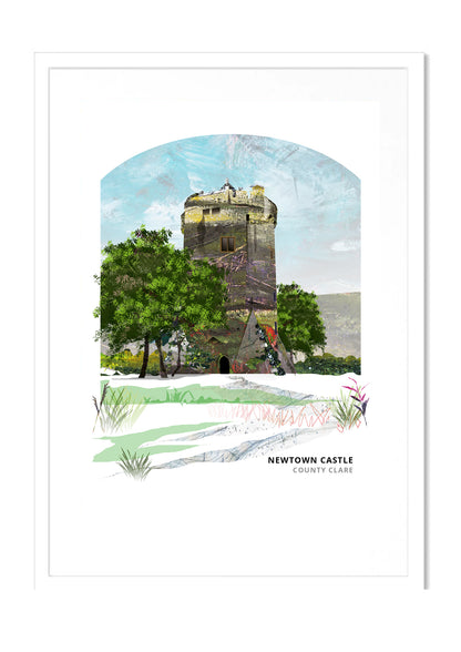 Newtown Castle Ireland, art print by Vicki Shortt, the round tower house in the Burren, County Clare, Ireland, in a white frame