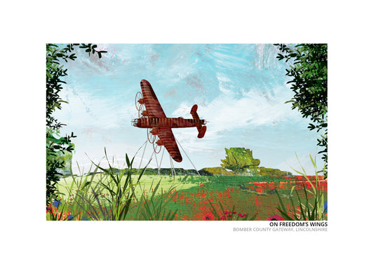 On Freedom's Wings art print by Vicki Shortt, the Lancaster bomber sculpture at the Bomber County Gateway in Lincolnshire