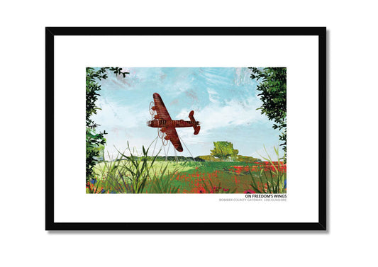On Freedom's Wings art print by Vicki Shortt, the Lancaster bomber sculpture at the Bomber County Gateway in Lincolnshire, in a black frame