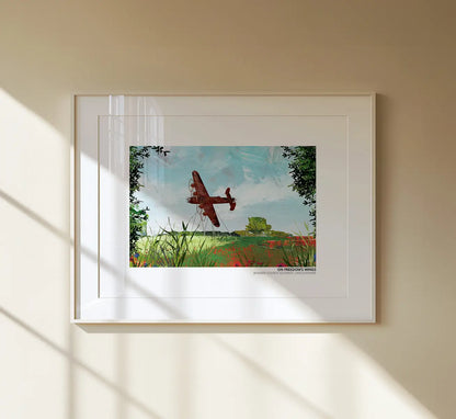 On Freedom's Wings art print by Vicki Shortt, the Lancaster bomber sculpture at the Bomber County Gateway in Lincolnshire, framed in a room setting