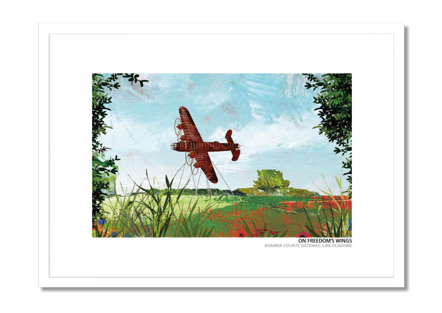 On Freedom's Wings art print by Vicki Shortt, the Lancaster bomber sculpture at the Bomber County Gateway in Lincolnshire, in a white frame
