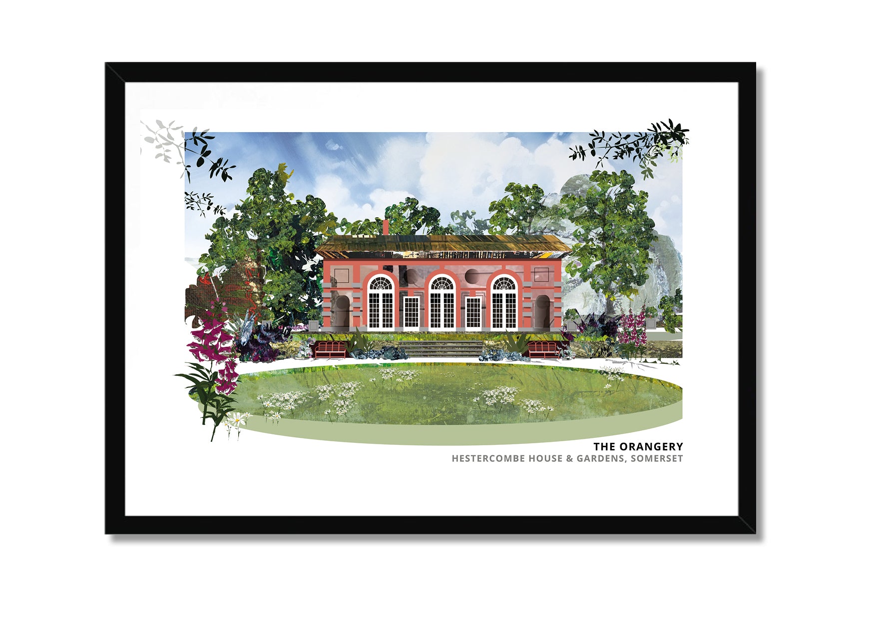 Orangery Hestercombe art print by Vicki Shortt, the orangery in the gardens at Hestercombe House, Somerset, in a black frame