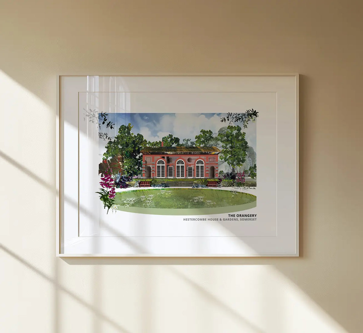 Orangery Hestercombe art print by Vicki Shortt, the orangery in the gardens at Hestercombe House, Somerset, framed in a room setting