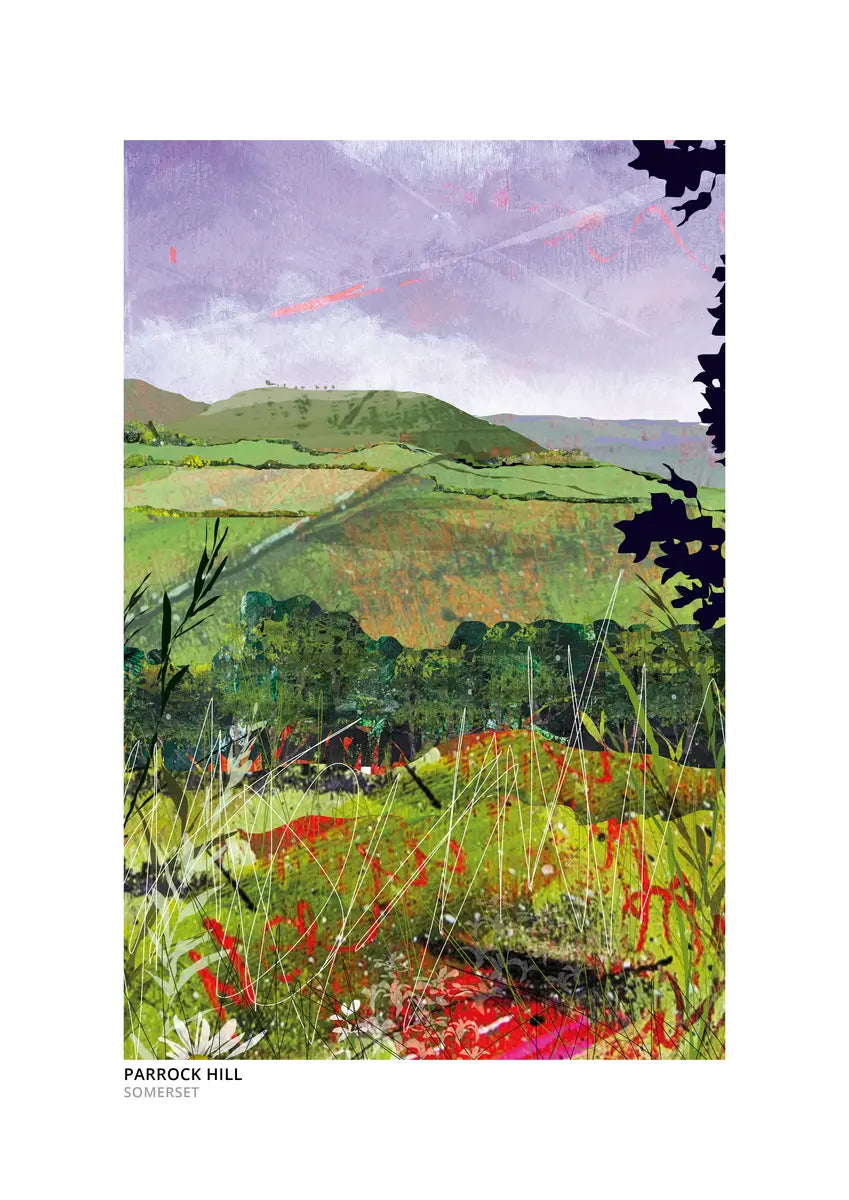 Parrock Hill art print by Vicki Shortt, the rounded green hill above patchwork fields near the Somerset and Dorset border