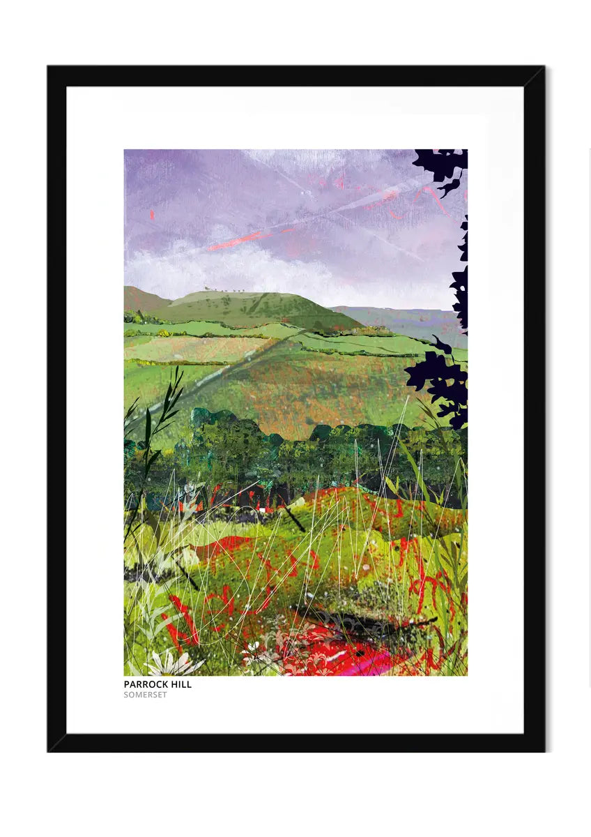 Parrock Hill art print by Vicki Shortt, the rounded green hill above patchwork fields near the Somerset and Dorset border, in a black frame