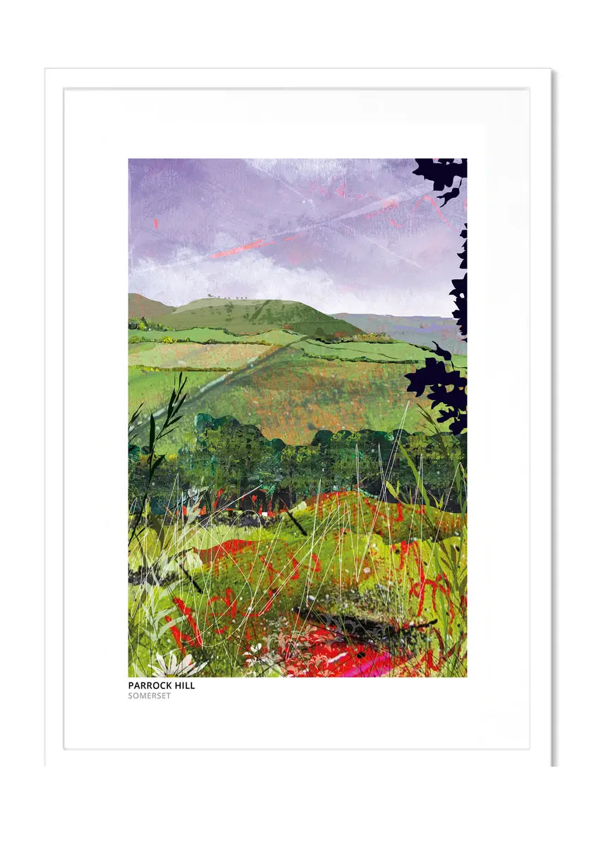 Parrock Hill art print by Vicki Shortt, the rounded green hill above patchwork fields near the Somerset and Dorset border, in a white frame