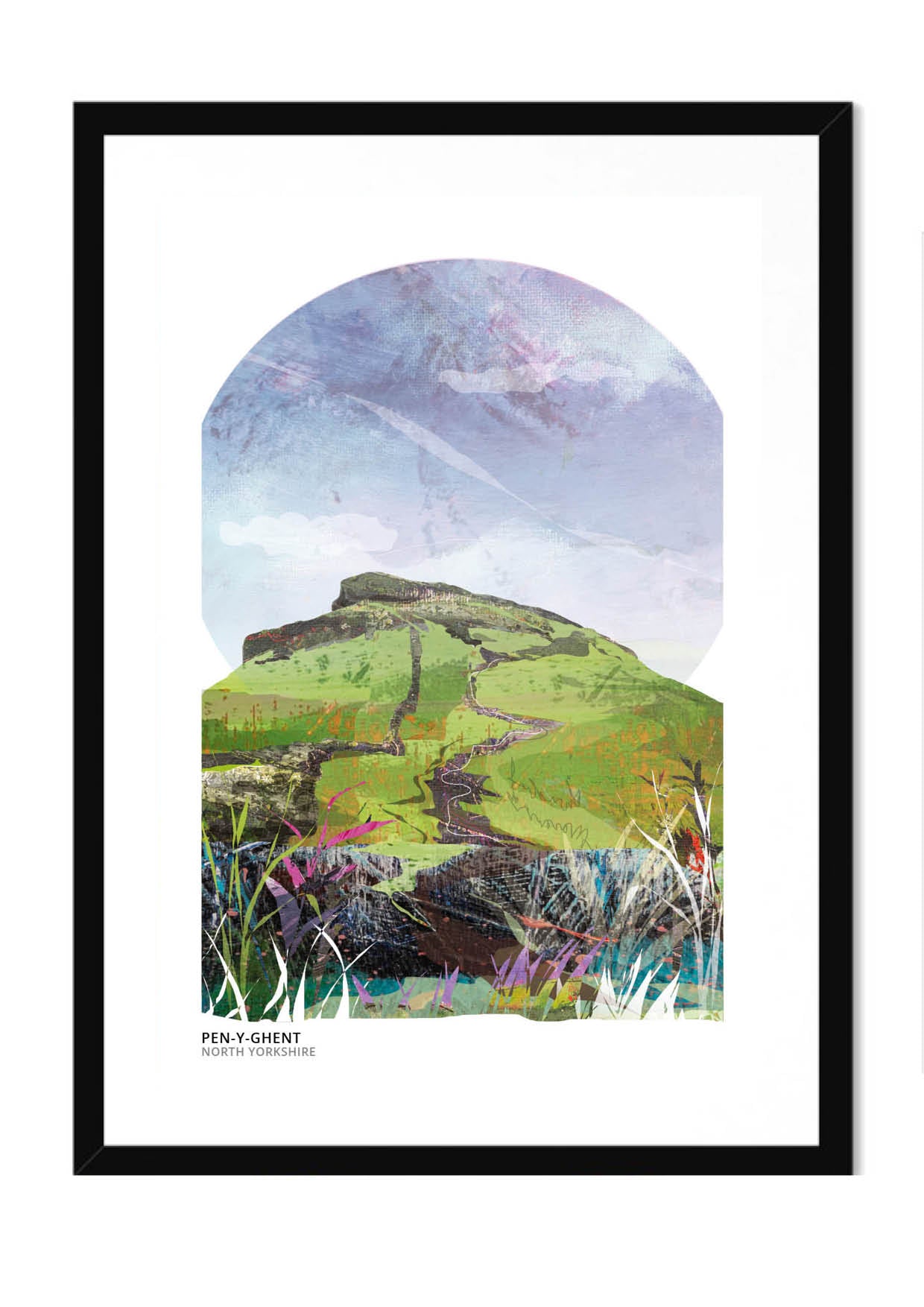 Pen-y-ghent art print by Vicki Shortt, the stepped profile of one of the Yorkshire Three Peaks above Ribblesdale, in a black frame