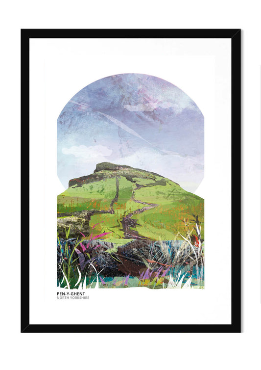 Pen-y-ghent art print by Vicki Shortt, the stepped profile of one of the Yorkshire Three Peaks above Ribblesdale, in a black frame