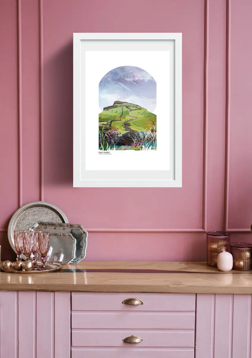 Pen-y-ghent art print by Vicki Shortt, the stepped profile of one of the Yorkshire Three Peaks above Ribblesdale, framed in a room setting