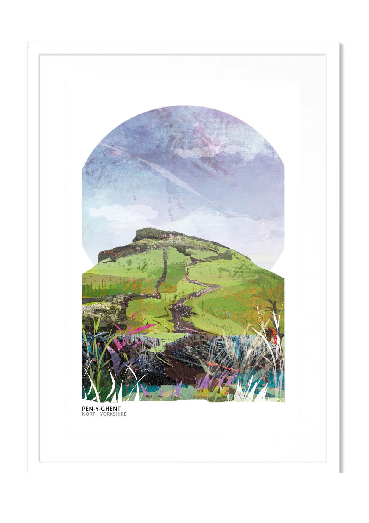Pen-y-ghent art print by Vicki Shortt, the stepped profile of one of the Yorkshire Three Peaks above Ribblesdale, in a white frame