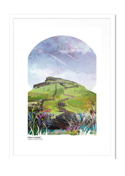 Pen-y-ghent art print by Vicki Shortt, the stepped profile of one of the Yorkshire Three Peaks above Ribblesdale, in a white frame