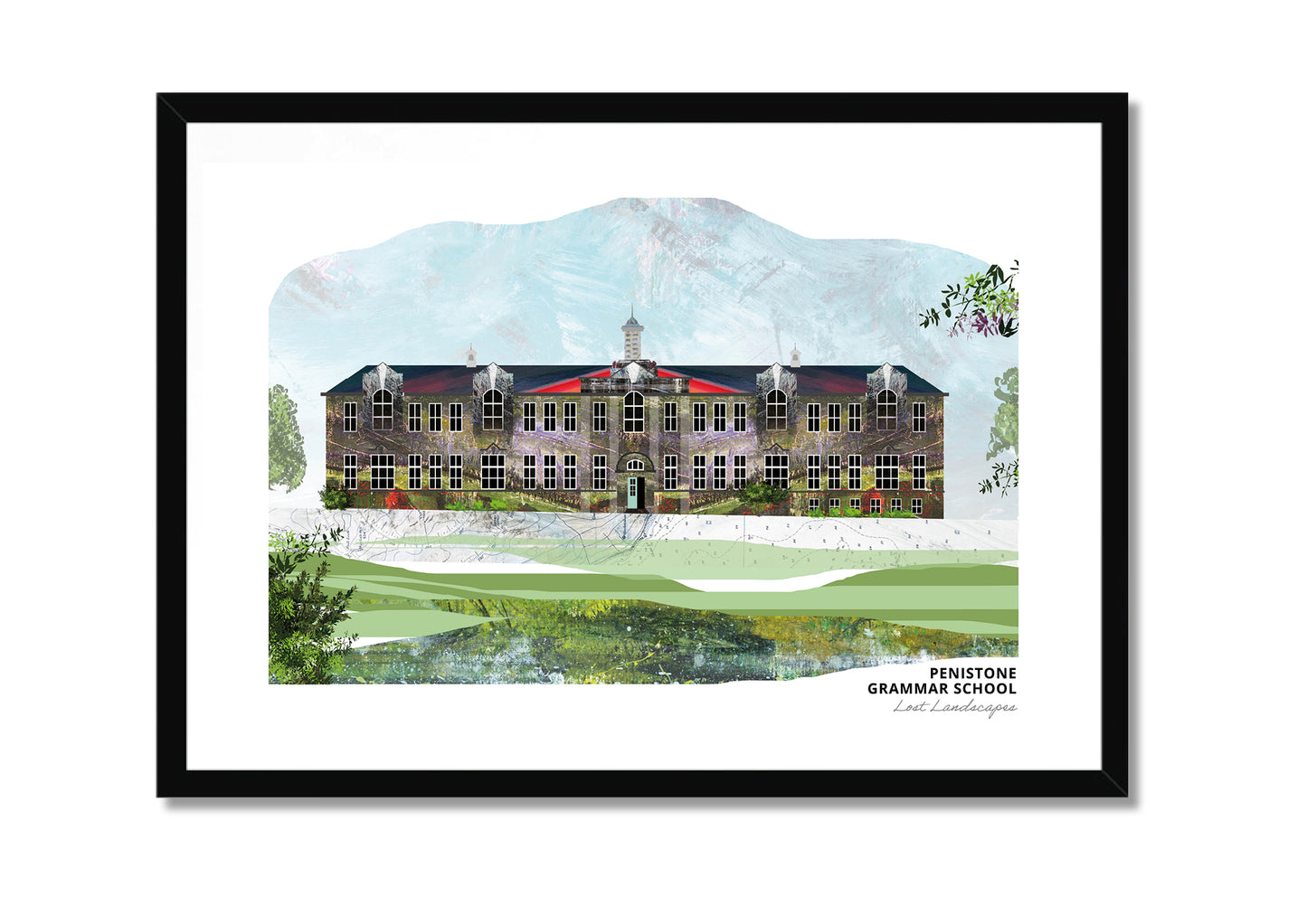 Penistone Grammar School art print by Vicki Shortt, the grammar school at Penistone, South Yorkshire, in a black frame