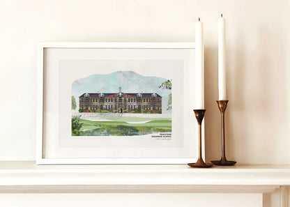 Penistone Grammar School art print by Vicki Shortt, the grammar school at Penistone, South Yorkshire, framed in a room setting