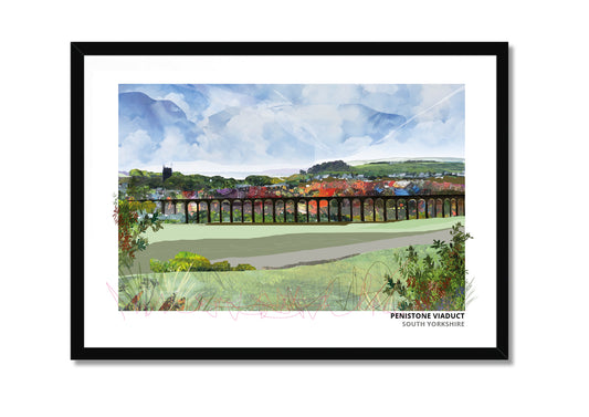 Penistone Viaduct art print by Vicki Shortt, the stone railway viaduct at Penistone, South Yorkshire, in a black frame