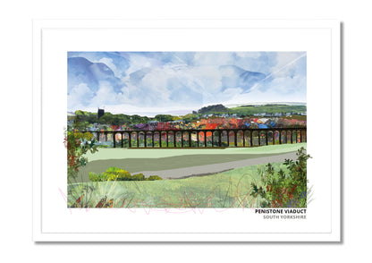 Penistone Viaduct art print by Vicki Shortt, the stone railway viaduct at Penistone, South Yorkshire, in a white frame
