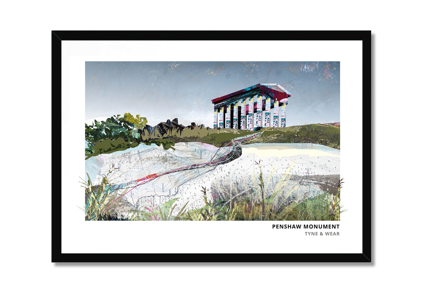 Penshaw Monument art print by Vicki Shortt, the Greek temple folly on its hill in Tyne and Wear, in a black frame