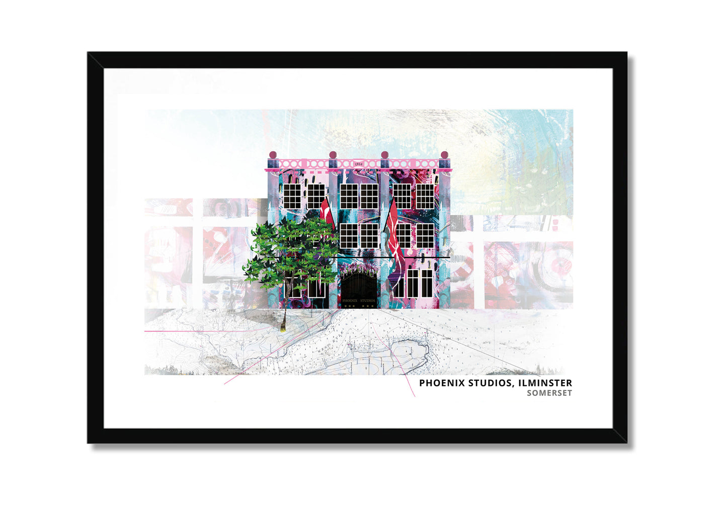 Phoenix Studios art print by Vicki Shortt, the studios at Ilminster, Somerset, in a black frame