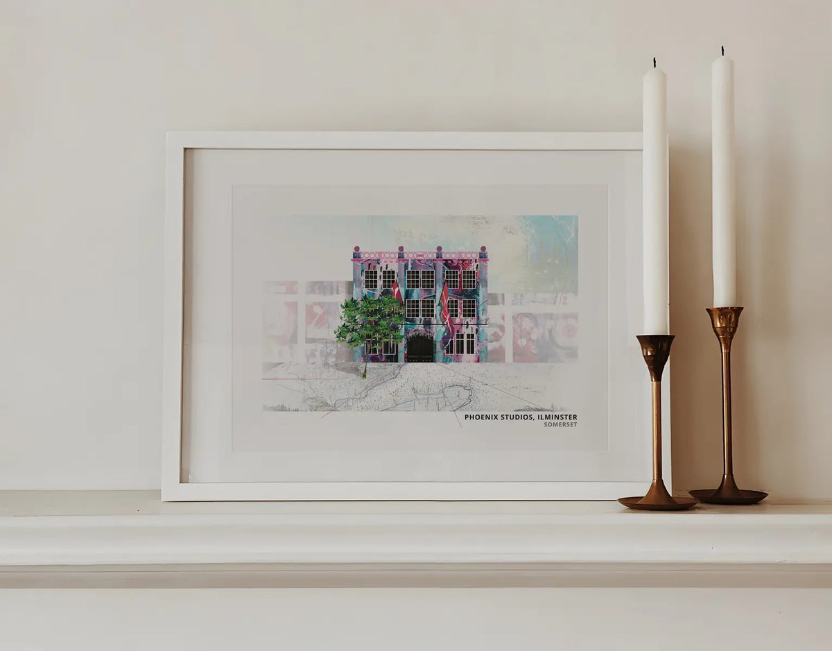 Phoenix Studios art print by Vicki Shortt, the studios at Ilminster, Somerset, framed in a room setting