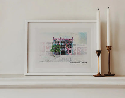 Phoenix Studios art print by Vicki Shortt, the studios at Ilminster, Somerset, framed in a room setting