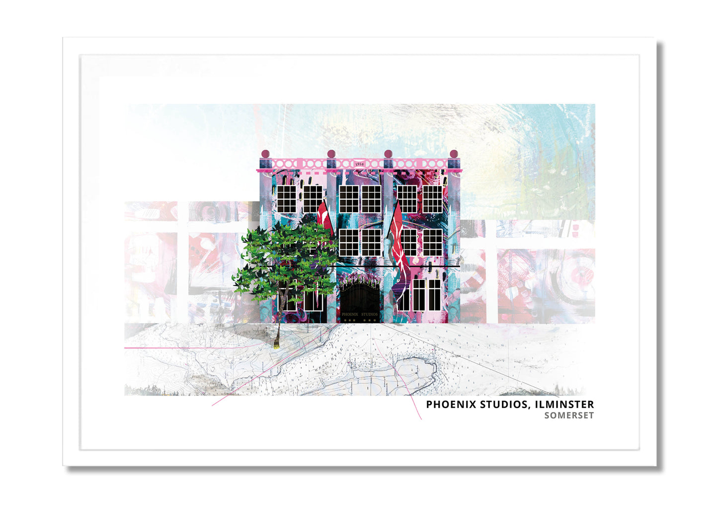 Phoenix Studios art print by Vicki Shortt, the studios at Ilminster, Somerset, in a white frame