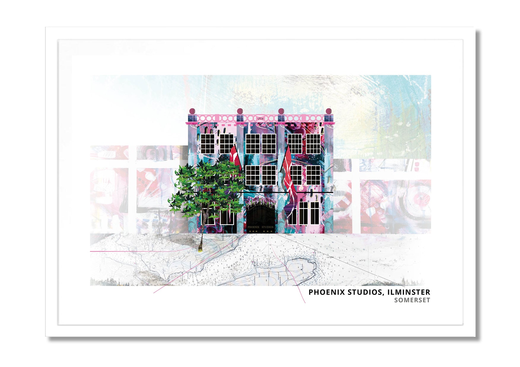 Phoenix Studios art print by Vicki Shortt, the studios at Ilminster, Somerset, in a white frame