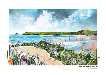 Polzeath art print by Vicki Shortt, the surf beach at Polzeath on the north Cornish coast