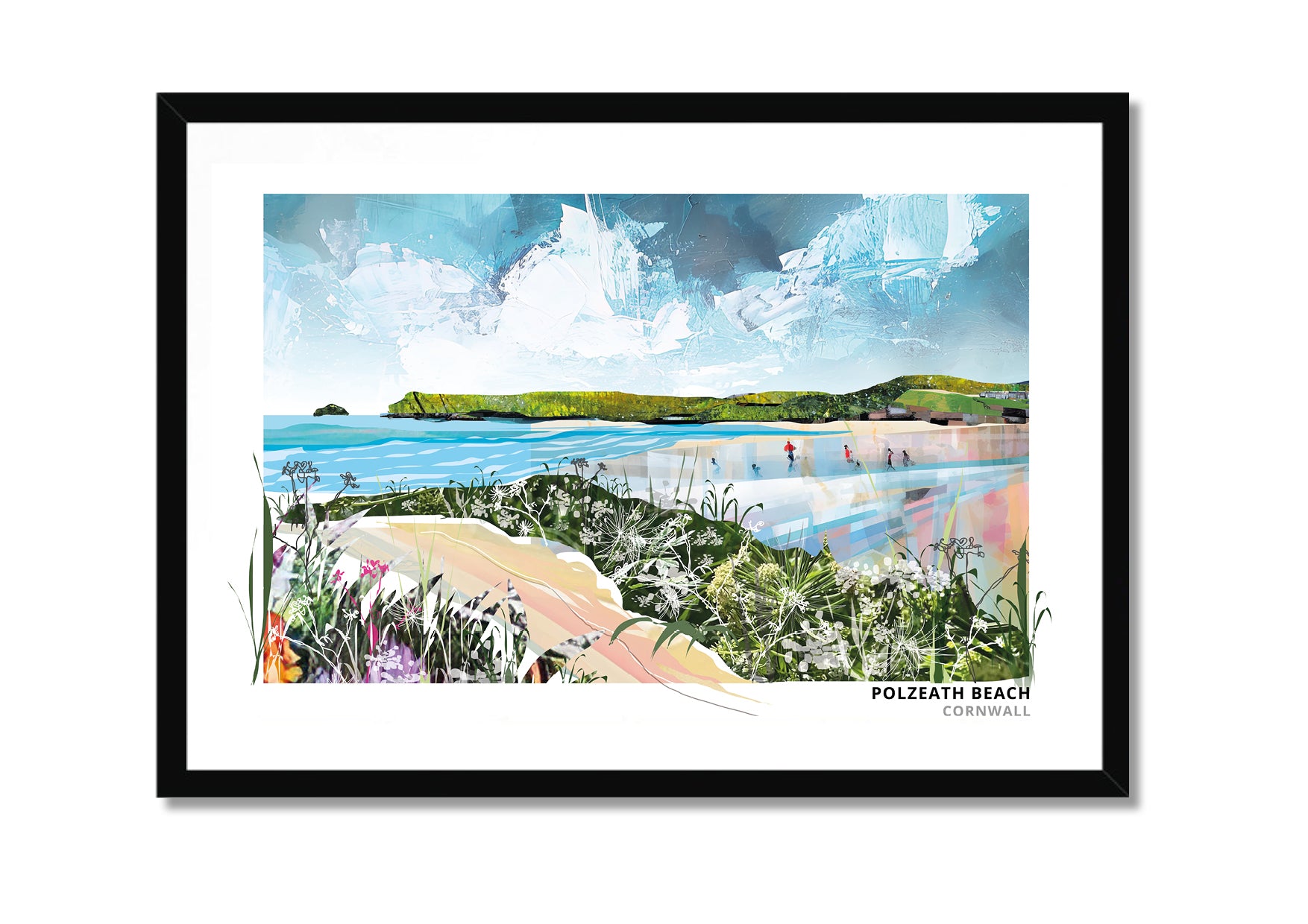 Polzeath art print by Vicki Shortt, the surf beach at Polzeath on the north Cornish coast, in a black frame