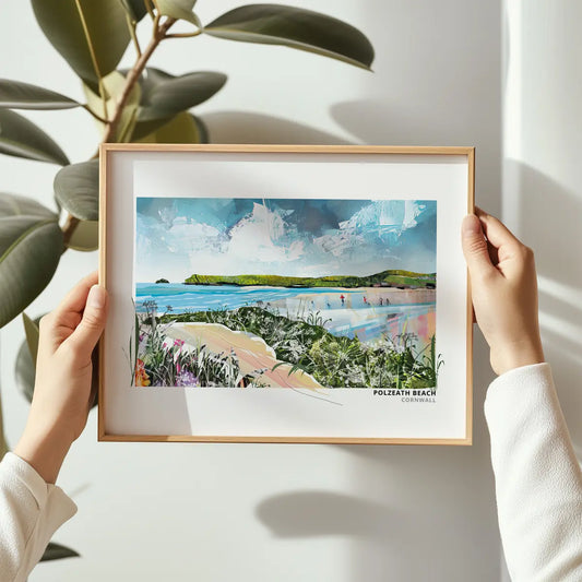 Polzeath art print by Vicki Shortt, the surf beach at Polzeath on the north Cornish coast, framed in a room setting