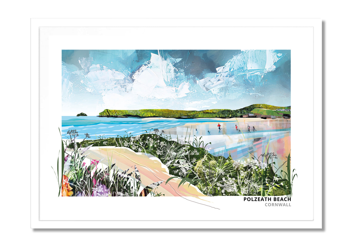 Polzeath art print by Vicki Shortt, the surf beach at Polzeath on the north Cornish coast, in a white frame
