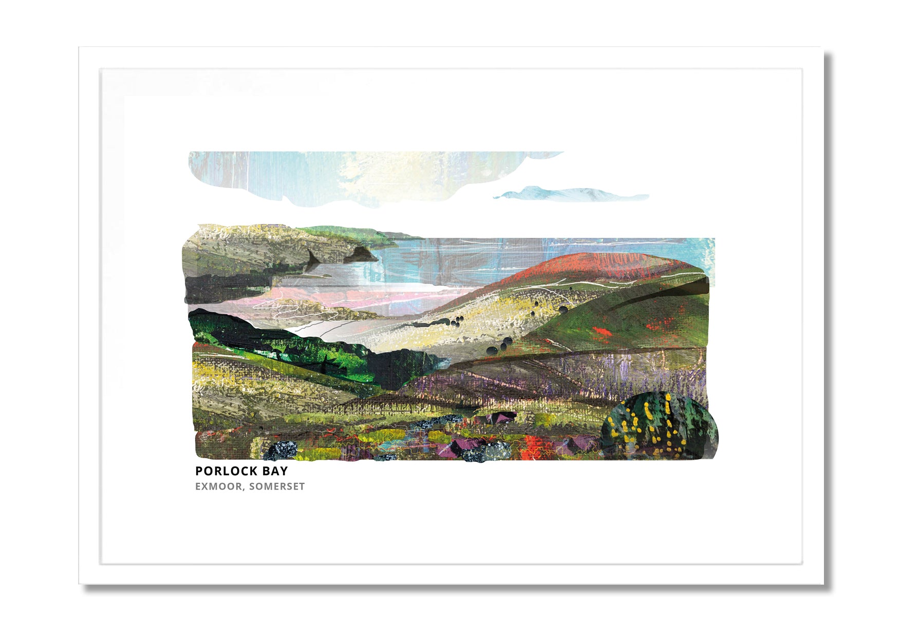 Porlock Bay art print by Vicki Shortt, the shingle bay on the Exmoor coast, Somerset, in a white frame