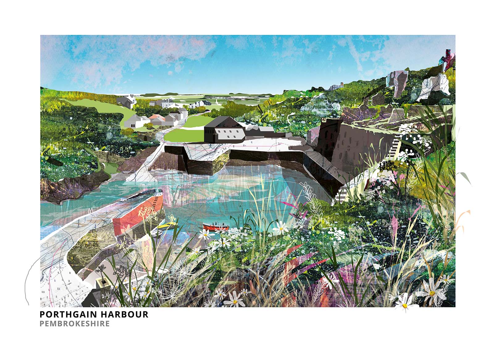 Porthgain Harbour art print by Vicki Shortt, the old brick hoppers above the harbour at Porthgain, Pembrokeshire