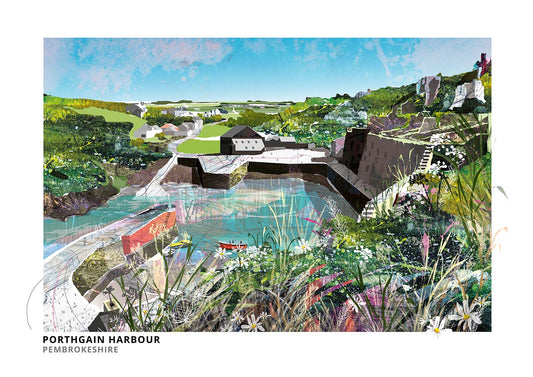 Porthgain Harbour art print by Vicki Shortt, the old brick hoppers above the harbour at Porthgain, Pembrokeshire