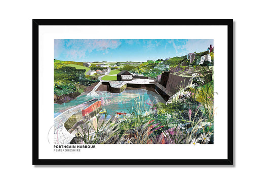 Porthgain Harbour art print by Vicki Shortt, the old brick hoppers above the harbour at Porthgain, Pembrokeshire, in a black frame