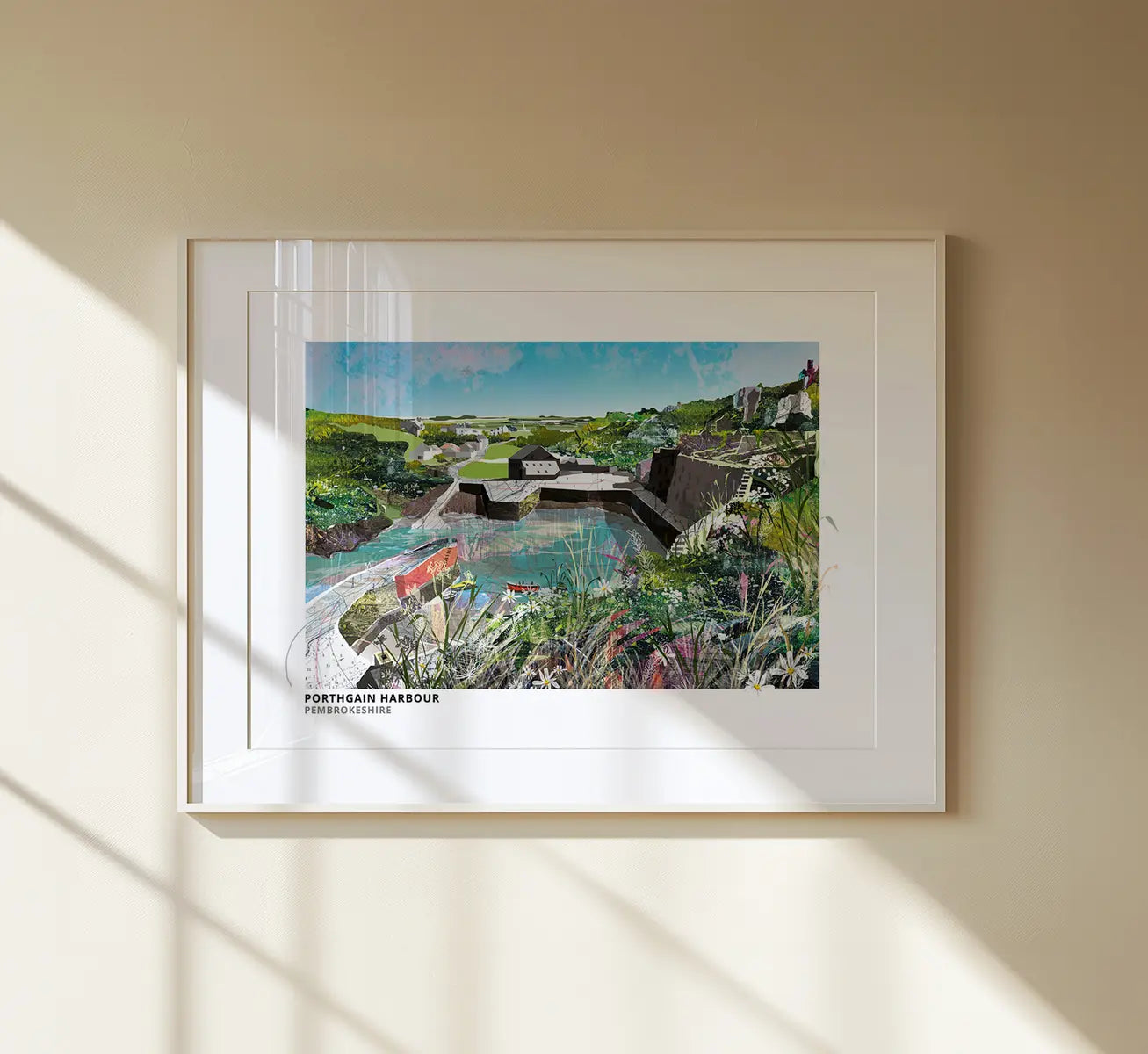 Porthgain Harbour art print by Vicki Shortt, the old brick hoppers above the harbour at Porthgain, Pembrokeshire, framed in a room setting