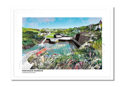 Porthgain Harbour art print by Vicki Shortt, the old brick hoppers above the harbour at Porthgain, Pembrokeshire, in a white frame