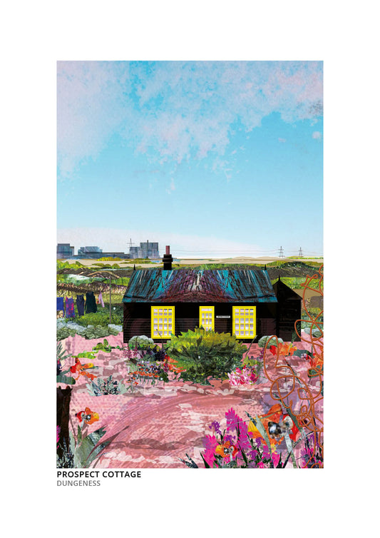 Prospect Cottage art print by Vicki Shortt, Derek Jarman's black timber cottage on the shingle at Dungeness, Kent