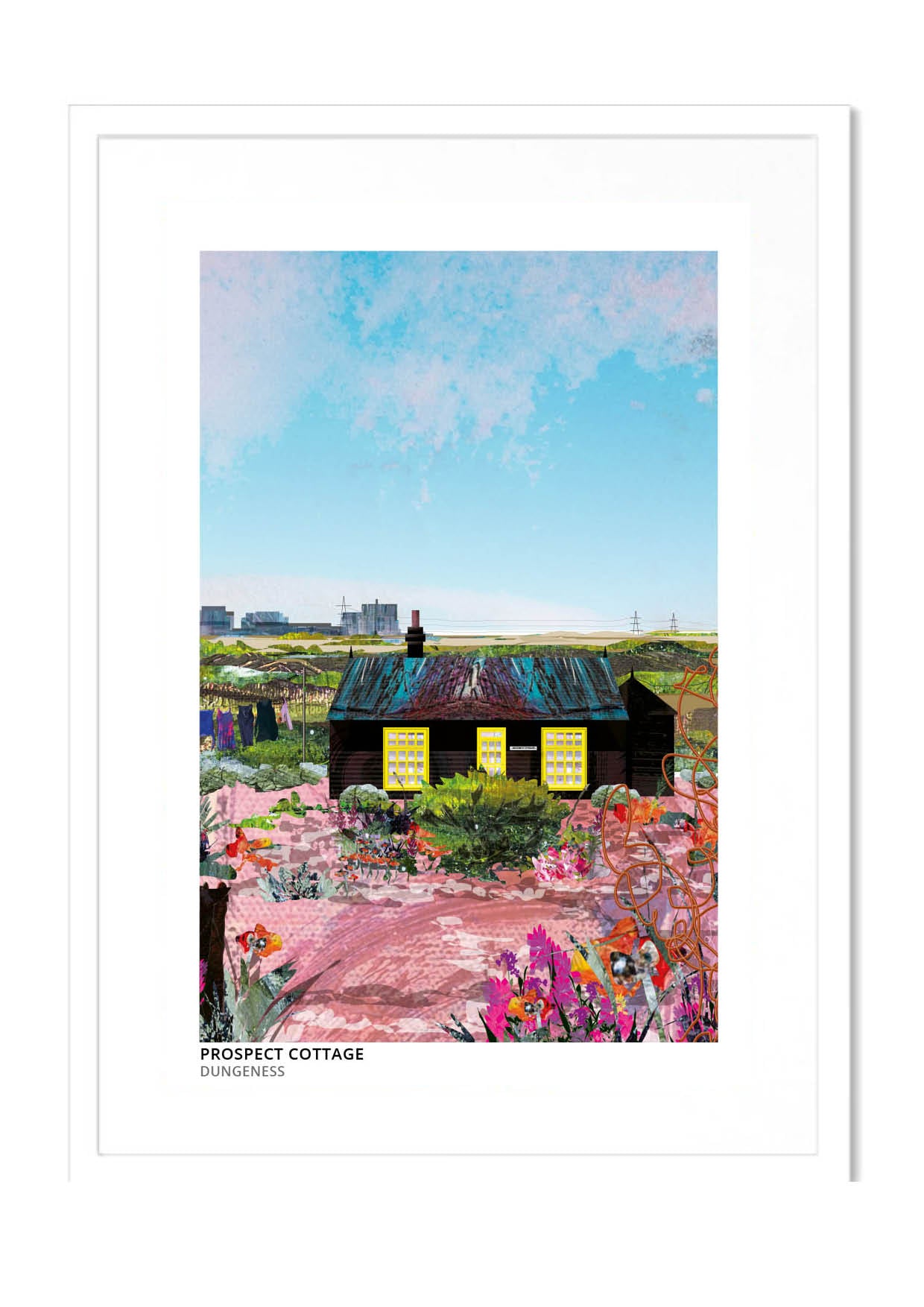 Prospect Cottage art print by Vicki Shortt, Derek Jarman's black timber cottage on the shingle at Dungeness, Kent, in a white frame