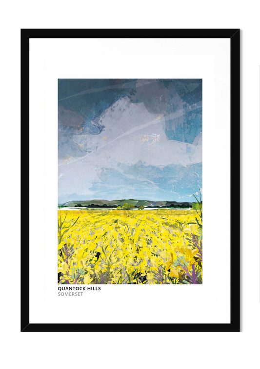 Quantock Hills art print by Vicki Shortt, a rapeseed field below the Quantock Hills in Somerset, in a black frame